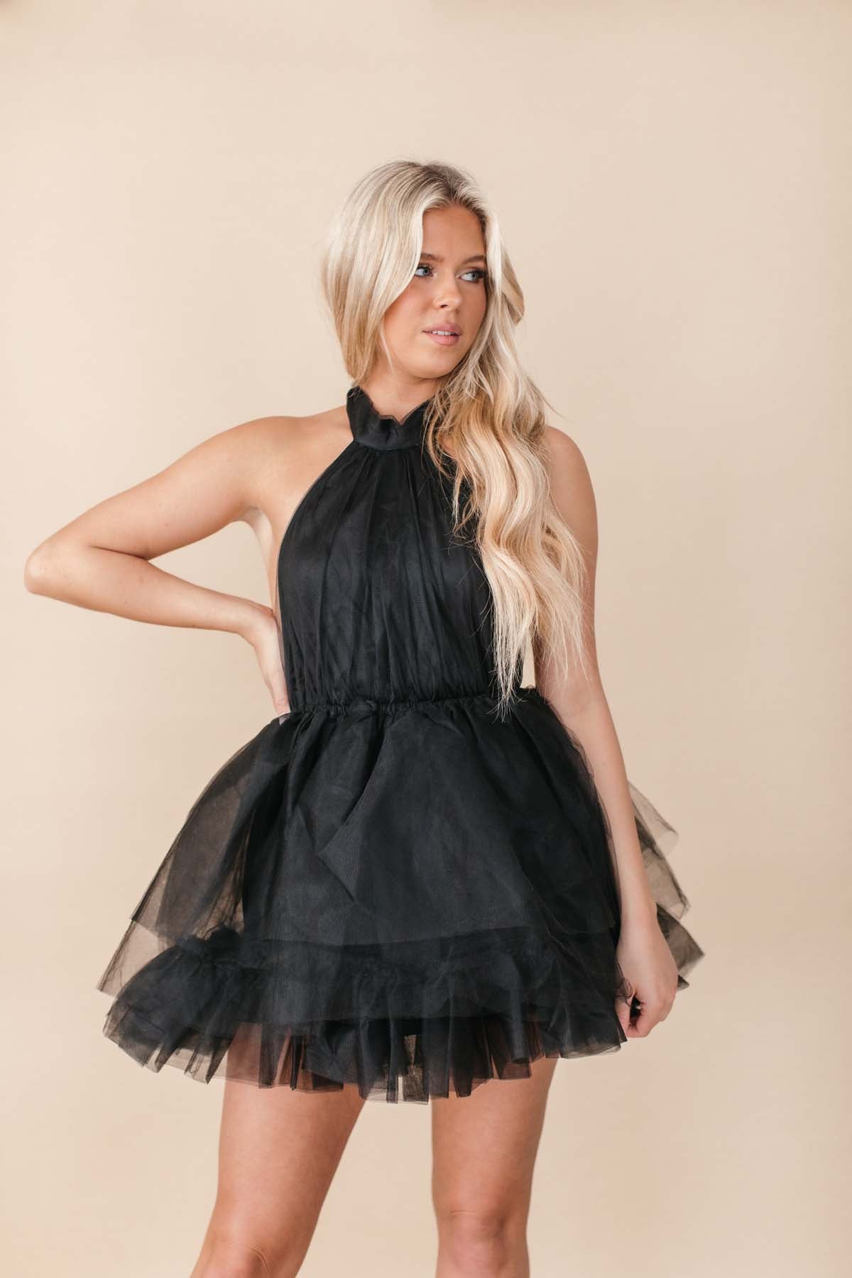black halter mini dress